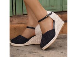 Women's Black and Beige Wedge Espadrilles with Ankle Strap, Comfortable Summer Sandals for Beach, Casual Outings, and Vacation Wear 2025 - TheIslandCowGirl