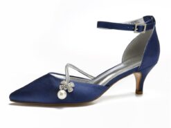 Women's Navy Blue Satin Wedding Heels – Elegant Pointed-Toe Pumps with Pearl and Rhinestone Embellishments 2025 - TheIslandCowGirl