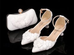 White Floral-Embellished Bridal Shoes with Matching Clutch – Elegant Wedding Set for Women 2025 - TheIslandCowGirl