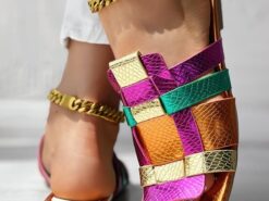 Women's Colorful Metallic Strappy Sandals – Vibrant Snake Print Slip-On Flats for Casual Summer and Festival Wear 2025 - TheIslandCowGirl