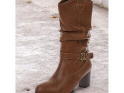 Women's Brown Knee-High Boots with Buckle Details and Block Heels – Classic and Versatile Footwear for Casual and Fall Outfits 2025 - TheIslandCowGirl