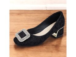 Women's Rhinestone Buckle Chunky Heels – Elegant Low-Heel Pumps with Glitter Finish and Metallic Accents 2025 - TheIslandCowGirl