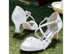 White Satin Kitten Heel Wedding Shoes for Women with Floral Embroidery and Cross-Strap Design - Perfect for Brides and Formal Occasions 2025 - TheIslandCowGirl