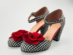 Women's Vintage Gingham Checkered Mary Jane Heels with Red Flower Embellishments – Retro Style Party Shoes 2025 - TheIslandCowGirl