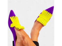 Women's Boho Chic Fringe Pointed-Toe Mules – Vibrant Purple and Orange Slip-On Flats with Suede Finish, Perfect for Casual Outings and Summer Fashion - TheIslandCowGirl