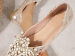 Wedding Shoes for Bride Bridesmaid Women Closed Toe Pointed Toe Apricot Black PU Flats with Imitation Pearl Crystal Flat Heel Wedding Party Valentine' - TheIslandCowGirl
