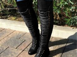 Women's Black Over-the-Knee Lace-Up Boots – Stylish High Faux Leather Boots with Rugged Sole for Outdoor and Fashion Occasions 2025 - TheIslandCowGirl