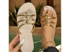 Gold Accented White Slip-On Sandals for Women – Trendy Summer Flat Sandals with Elegant Metallic Straps – Ideal for Casual and Vacation Wear 2025 - TheIslandCowGirl