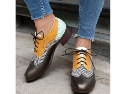 Women's Multicolor Brogue Oxford Shoes with Chevron Pattern and Contrasting Faux Leather Panels – Vintage-Inspired Lace-Up Flats 2025 - TheIslandCowGirl