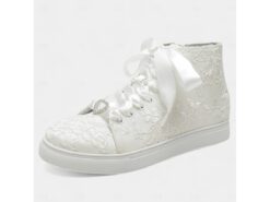 Women's Ivory Lace Wedding Sneakers with Satin Ribbon Laces and Rhinestone Heart Charm – Comfortable Bridal Shoes for Weddings 2025 - TheIslandCowGirl