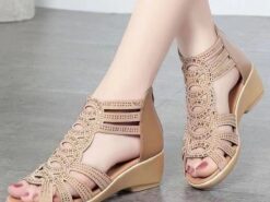 Elegant Beige Women's Cut-Out Sandals - Intricate Laser-Cut Design with Comfortable Wedge Heel, Perfect for Dressy Occasions and Summer Evenings 2025 - TheIslandCowGirl
