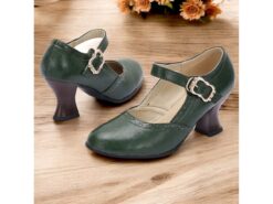 Women's Vintage Green faux Leather Mary Jane Pumps for Mid-Heel Dress Shoes with Brogue Detailing and Buckle Strap, Ideal for Office, Formal Events - TheIslandCowGirl