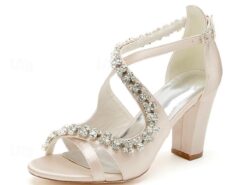 Women's Heels Wedding Shoes Dress Shoes Glitter Crystal Sequined Jeweled Wedding Party Rhinestone Cone Heel Round Toe Elegant Sexy Satin Buckle Ivory - TheIslandCowGirl
