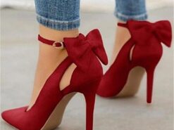 Women's Red Stiletto Heels with Bow Detail and Ankle Strap - Elegant Suede Party Pumps 2025 - TheIslandCowGirl