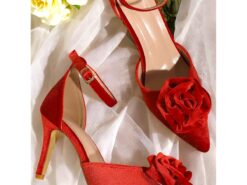 Red Satin Pointed-Toe Heels with Rose Detailing – Classic Wedding Shoes for Women, Ideal for Formal Events or Bridal Wear 2025 - TheIslandCowGirl