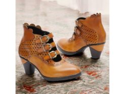 Women's Vintage Buckle Strap Ankle Boots - Brown Perforated High Heels for Oktoberfest, Casual, and Formal Wear 2025 - TheIslandCowGirl