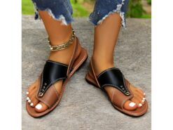 Women's Vintage Contrast Color Faux Leather Sandals – Rivet Toe-ring Sandals with Stitch Detailing for Casual Summer Wear 2025 - TheIslandCowGirl