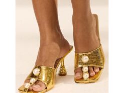 Luxurious Gold Leather Mules with Pearl Accents and Sculptural Heels - Elegant Women's Slip-On Dress Sandals 2025 - TheIslandCowGirl