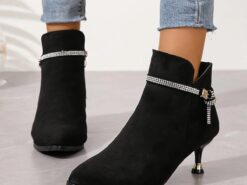 Women's Black Suede Ankle Boots – Rhinestone Embellished Strap, Kitten Heel, and Pointed Toe for Party and Evening Wear 2025 - TheIslandCowGirl
