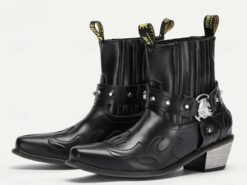 Men's Black Faux Leather Motorcycle Boots with Flame Embroidery and Metal Buckle – Western Style Ankle Boots for Biker Fashion and Casual Wear 2025 - TheIslandCowGirl