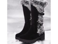 Women's Black Faux Suede Fur-Lined Winter Boots with Buckle Details and Chunky Sole – Warm and Stylish Snow Boots for Cold Weather 2025 - TheIslandCowGirl