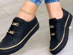 Women's Black Lace-Up Sneakers with Gold Chain Detail – Casual Fashion Shoes for Everyday Wear 2025 - TheIslandCowGirl