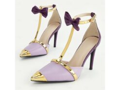 Women's Lavender T-Strap Stiletto Heels with Gold Accents and Bow Details, Elegant Party and Evening Shoes for Special Occasions 2025 - TheIslandCowGirl