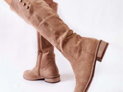 Women's Beige Suede Knee-High Boots with Button Detail - Stylish Footwear for Casual Outings and Autumn Fashion 2025 - TheIslandCowGirl