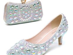 Women's Crystal-Embellished Kitten Heel Shoes and Matching Clutch Set - Elegant Rhinestone Wedding Pumps with Evening Bag 2025 - TheIslandCowGirl