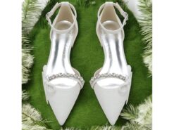 White Rhinestone Pointed-Toe Bridal Shoes with Bow Details and Ankle Straps for Women’s Evening Occasions and Wedding 2025 - TheIslandCowGirl