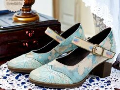 Women's Heels Pumps Handmade Shoes Vintage Shoes Wedding Party Color Block Cone Heel Round Toe Elegant Vintage Leather Buckle Light Blue 2025 - TheIslandCowGirl