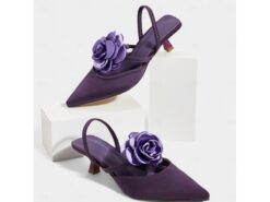 Women's Purple Satin Slingback Wedding Shoes with Rose Flower Detail, Pointed Toe, and Kitten Heel – Elegant Bridal Heels for Weddings and Formal Eve - TheIslandCowGirl