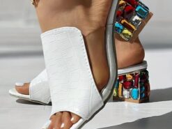 Women's White Croc-Embossed Open-Toe Sandals – Chic Slip-On Block Heels with Colorful Rhinestone Embellishments for Party & Summer Wear 2025 - TheIslandCowGirl
