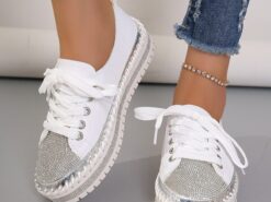 Women's Sneakers Flats Bling Bling Shoes Plus Size Platform Sneakers Party Outdoor Daily Solid Color Summer Rhinestone Flat Heel Round Toe Fashion Cas - TheIslandCowGirl