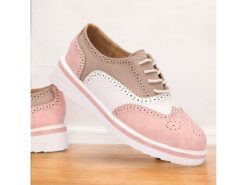 Women's Pink and Beige Brogue Oxford Sneakers, Lace-Up Casual Shoes with Wingtip Detailing for Everyday Wear 2025 - TheIslandCowGirl