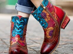 Women's Retro Premium Leather Floral Lace-Up Ankle Boots with Zipper, Colorful Patchwork Design – Casual and Vintage Style for Everyday Wear 2025 - TheIslandCowGirl