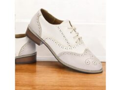 Women's Cream and White Faux Leather Brogue Oxford Shoes with Lace-Up Closure - Vintage-Inspired Formal Footwear 2025 - TheIslandCowGirl