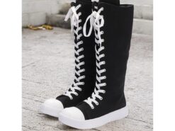 Women's Black Canvas Knee-High Lace-Up Boots with White Sole – Retro-Style Casual Footwear for Everyday Wear and Street Fashion 2025 - TheIslandCowGirl
