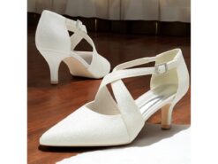 White Glitter Cross Strap Kitten Heels with Rhinestone Buckle – Elegant Women’s Shoes for Formal Events 2025 - TheIslandCowGirl