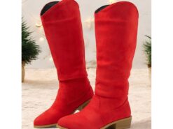Women's Red Knee-High Suede Boots - Stylish Low Heel Western Boots for Winter & Holiday Wear 2025 - TheIslandCowGirl