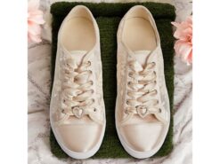 Champagne Satin Bridal Sneakers with Lace Details and Rhinestone Heart Charm - Comfortable Wedding Shoes for Women 2025 - TheIslandCowGirl