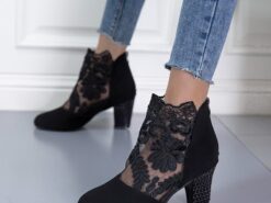 Women's Black Lace Embroidered Ankle Boots with Block Heel - Elegant Footwear for Evening Events 2025 - TheIslandCowGirl