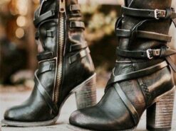 Women's Black Faux Leather Ankle Boots with Zipper and Strap Detailing, Stylish Mid-Heel Boots for Casual and Western Wear 2025 - TheIslandCowGirl