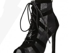Women's Black Lace-Up Mesh Stiletto Ankle Boots - Elegant Open-Toe Heels for Parties and Evening Wear 2025 - TheIslandCowGirl