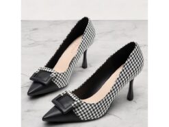Women's Houndstooth Pointed Toe High Heels with Buckle Detail – Elegant Stiletto Pumps for Office and Formal Occasions 2025 - TheIslandCowGirl