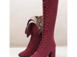 Women's Red Knee-High Lace-Up Boots with Block Heels & Plush Lining – Warm Winter Fashion Boots for Casual and Dressy Outfits 2025 - TheIslandCowGirl