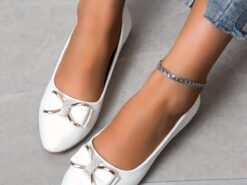 Women's White Pointed-Toe Ballet Flats with Bow and Metal Accent – Elegant Casual Shoes for Work, Parties, and Everyday Wear 2025 - TheIslandCowGirl