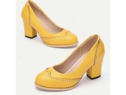 Women's Yellow Vintage-Inspired Heels with Brogue Detailing, Chunky Heel, and Slip-On Design, Perfect for Workwear and Special Occasions 2025 - TheIslandCowGirl