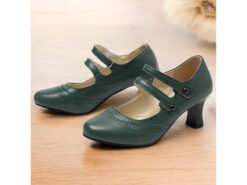 Women's Vintage Brown Mary Jane Heels with Brogue Detailing, Comfortable Mid Heel Shoes for Retro-Inspired Outfits 2025 - TheIslandCowGirl