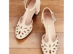Women's Beige T-Strap Block Heel Pumps with Cut-Out Design and Adjustable Buckle for Office Wear and Formal Events 2025 - TheIslandCowGirl